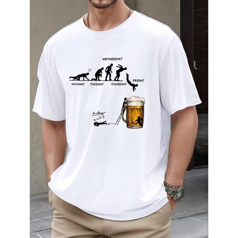 Men's Summer Fashion Casual Loose Large Fun Beer Pattern Printed Sports Round Neck Short Sleeve T-shirt Top