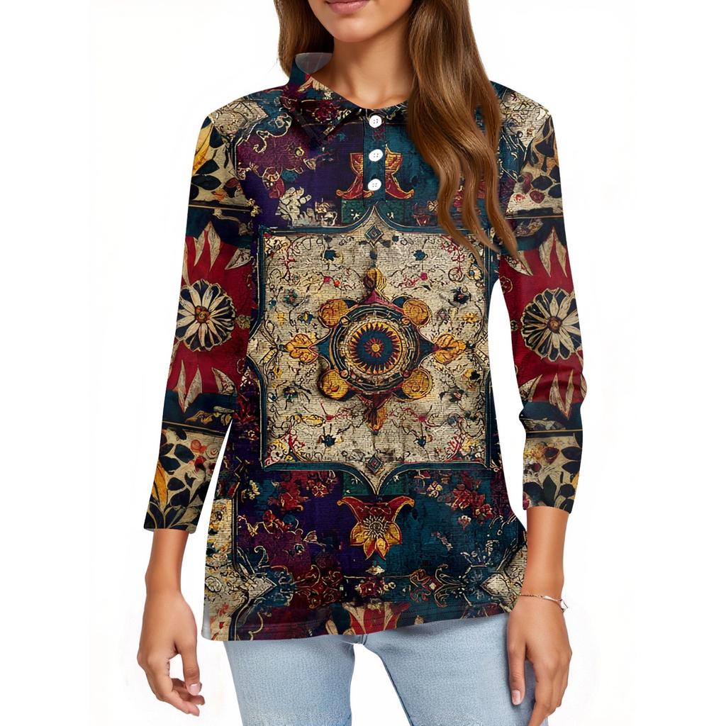Women's Fashion Casual Lapel Short 3/4 Sleeve Print Shirt Women's Button Up Tops