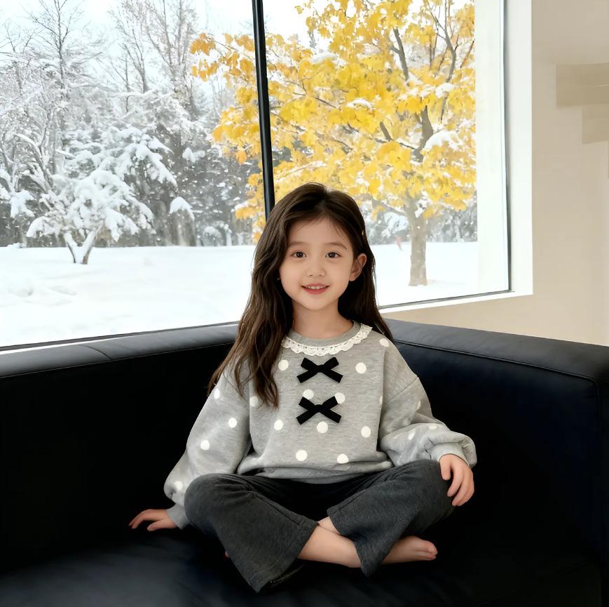Korean Girls' Autumn Lace Bowknot Hoodie and Flare Pants Set, 2025 New Style