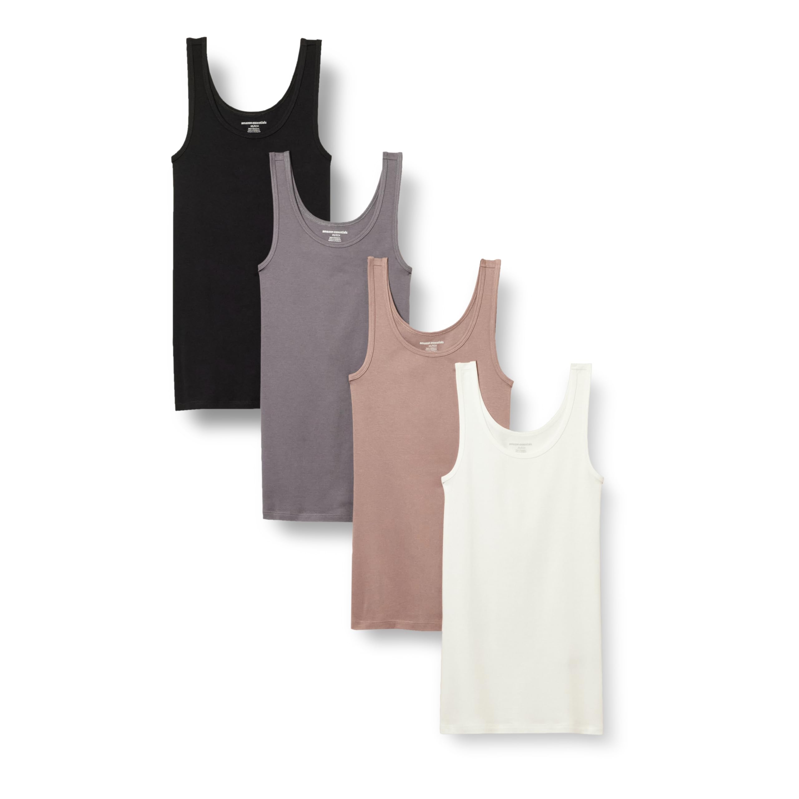 

Amazon Essentials Slim Fit Tank Size M 4-Pack Tops, Gray/Dusty Pearl/Black/White,