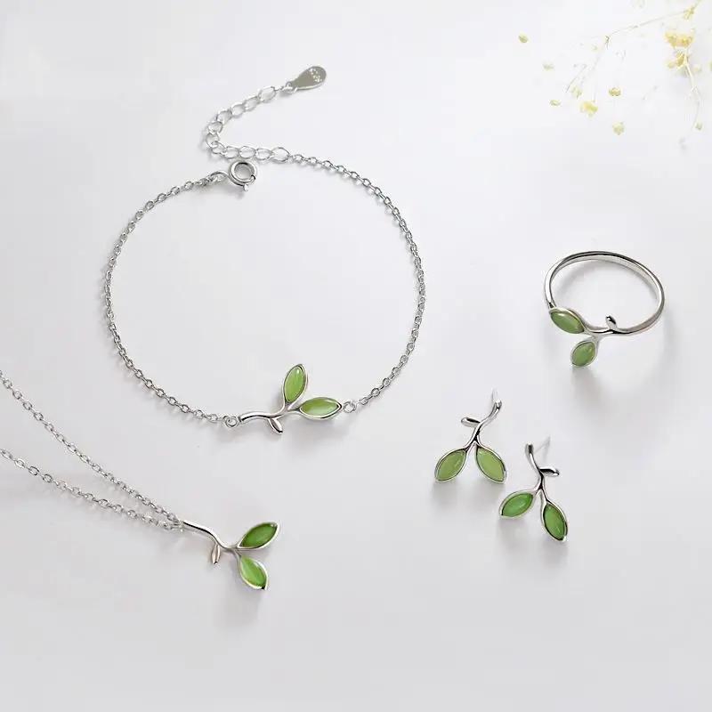Exquisite Green Leaf Stone Pendant Necklace for Women Charm Spring Sprout Rings Bracelet Earring Bride Jewelry Set Gift