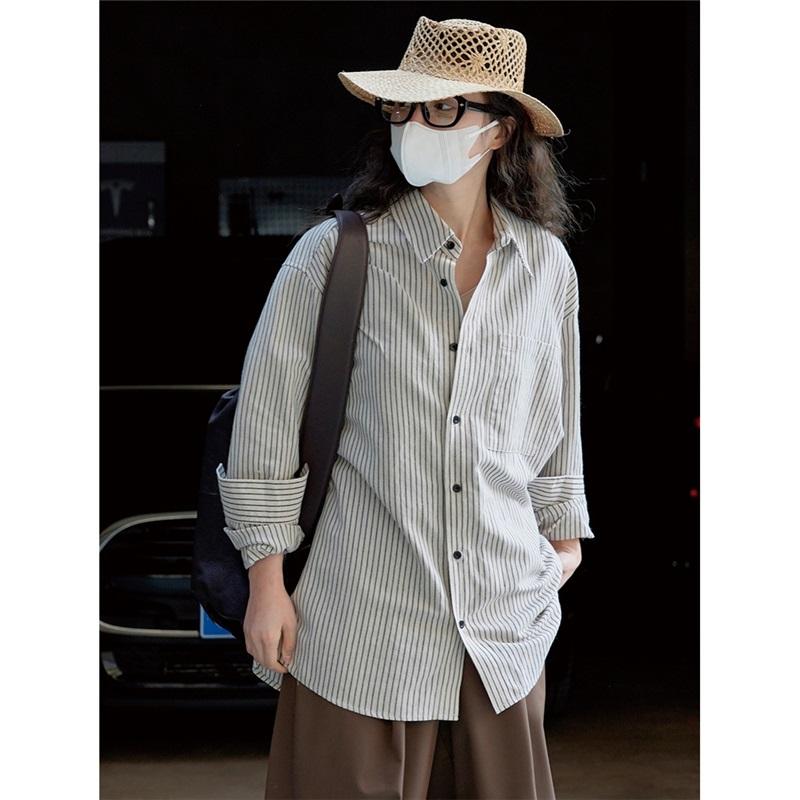 Spring And Summer Fashionable Lazy Linen Striped Shirt Loose Comfortable Breathable Casual Top Women
