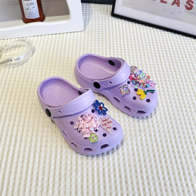 Children's Beaded Floral Sandals - Colorful Thick-Soled Closed-Toe, Summer Outdoor Slippers