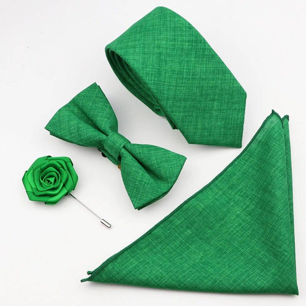 Sada 4ks kravat, Pánské, Šalvějová zelená, Motýlek na kravatu z bavlny, Brož na manžetové knoflíčky, K obleku pro ženicha, Svatba,