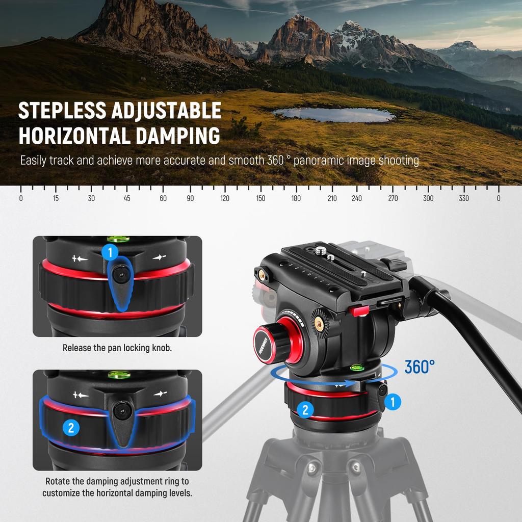NEEWER GM006 Fluid Video Tripod Head with Stepless Adjustable Pan Tilt Quick Release Adjustable and 75mm Compatible with RS Maximum Load 10kg Head, &