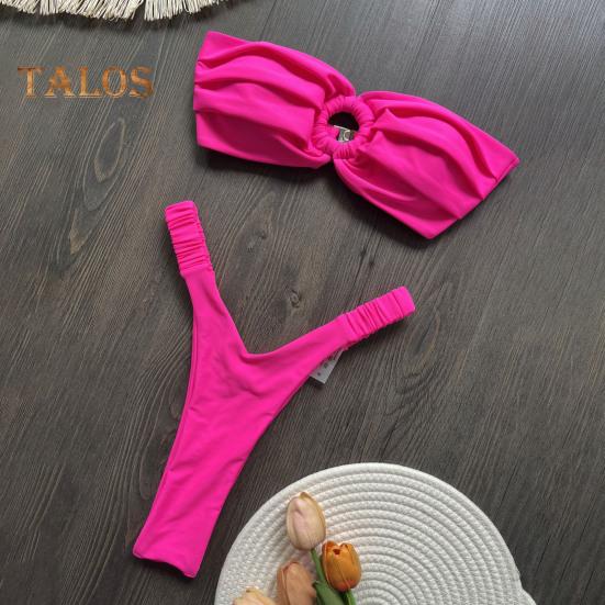 

2 шт./компл. женский комплект бикини сексуальный плиссированный однотонный бюстгальтер бандо с высокой талией плавки комплект пляжный купальник S