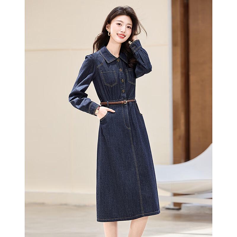 Women's Elegant Cotton Denim Midi Dress with Woven Belt