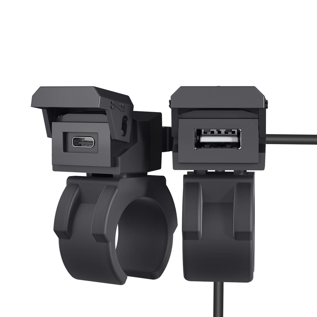 Motorcycle Power Adapter with 30W USB C PD and 18W USB A Ports for ATV Trike, 12V 24V Handlebar Mounted Outlet for