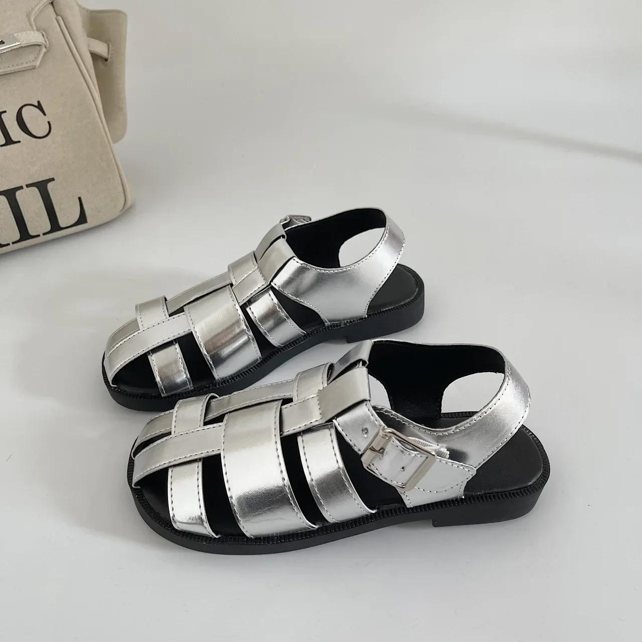 

Roman Sandals Female 2024 Summer Retro Flat Bottom Baotou Casual Shoes Hollow Woven Low Heel Sandales Zapatos Para Mujeres 35