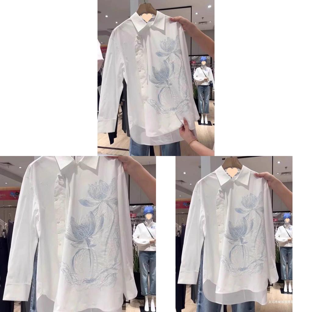 Modern Chinese Style Embroidered Long Sleeve Shirt With Polo Collar For Office Wear