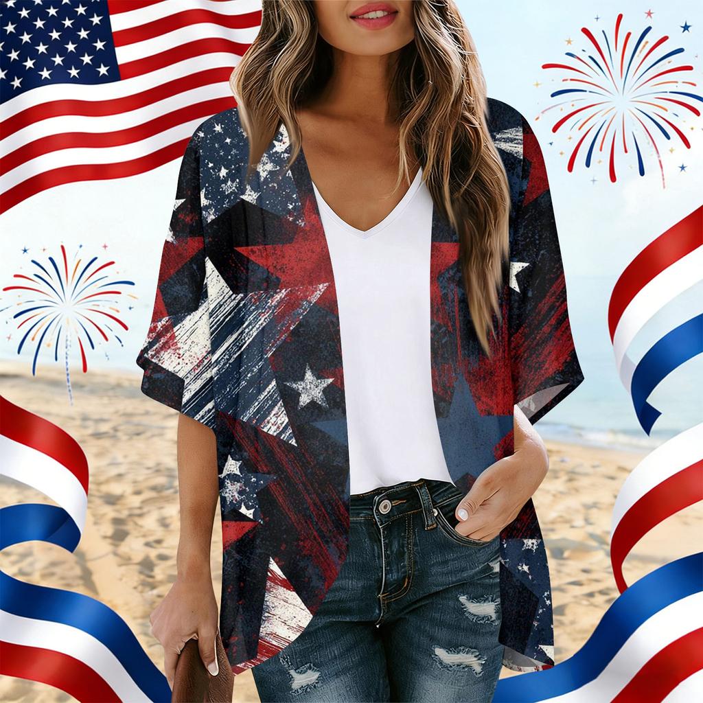 Damen locker geschnittener offener Cardigan mit USA-Unabhängigkeitstag-Print Lässiges Kimono-Stil Hemd Top für die 250-Jahres-Feier