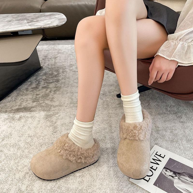 Autumn and Winter Wear Retro Bag Head Half Slippers Women's Thick Bottom Warm Plush Cotton Slippers