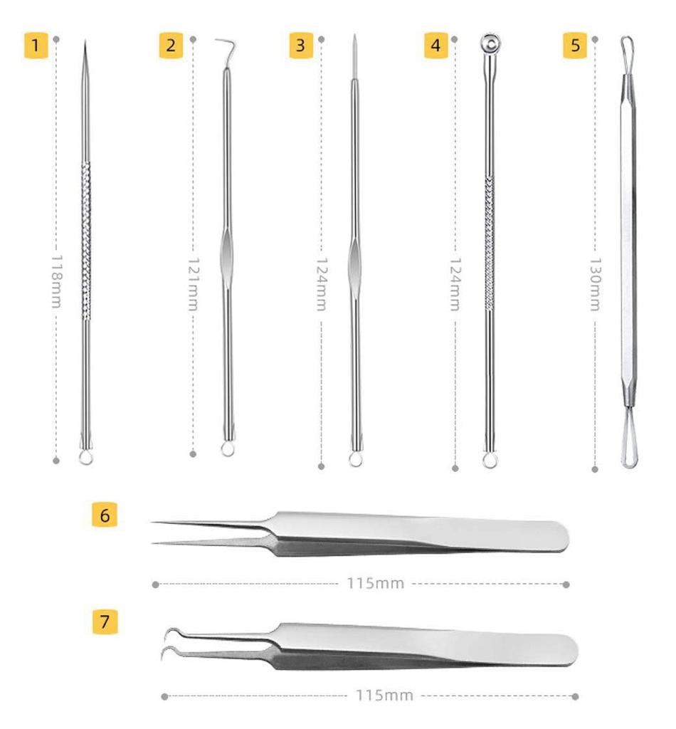 Trust Contact Set of Tweezers for Blackhead Acne Pore Hair and Comedone Stainless with Case 7-Piece Removal, Removal, Care, Removal, Extraction,
