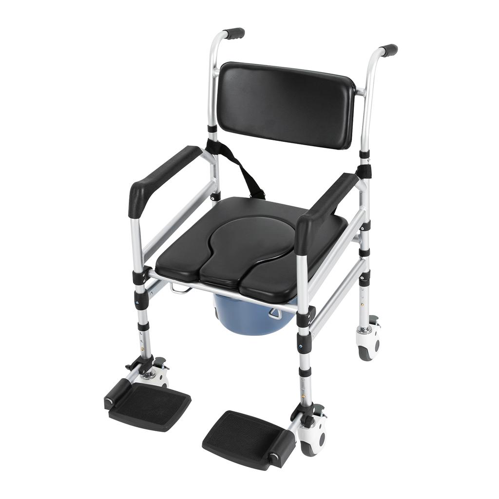 Adjustable Shower Chair for Elderly, Foldable Toilet Commode with Wheels, Heavy Duty Bath Bench with Safety Belt