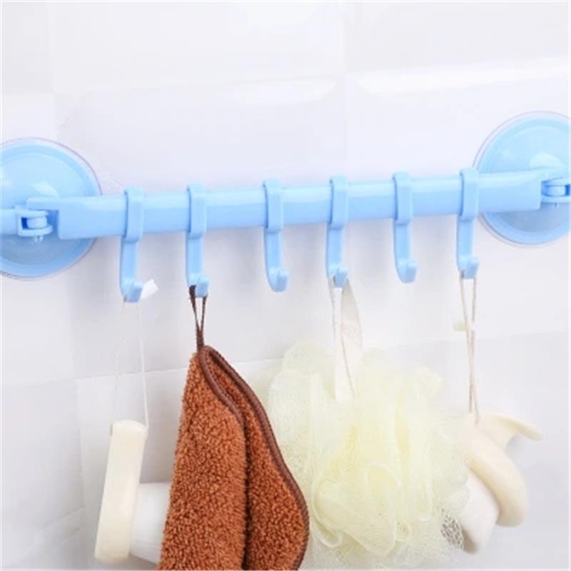 Adjustable Suction Cup Towel Rack Storage Box 6 Hooks Bathroom Kitchen Cabinet Wall Door Shelf Suction Cup Hanger