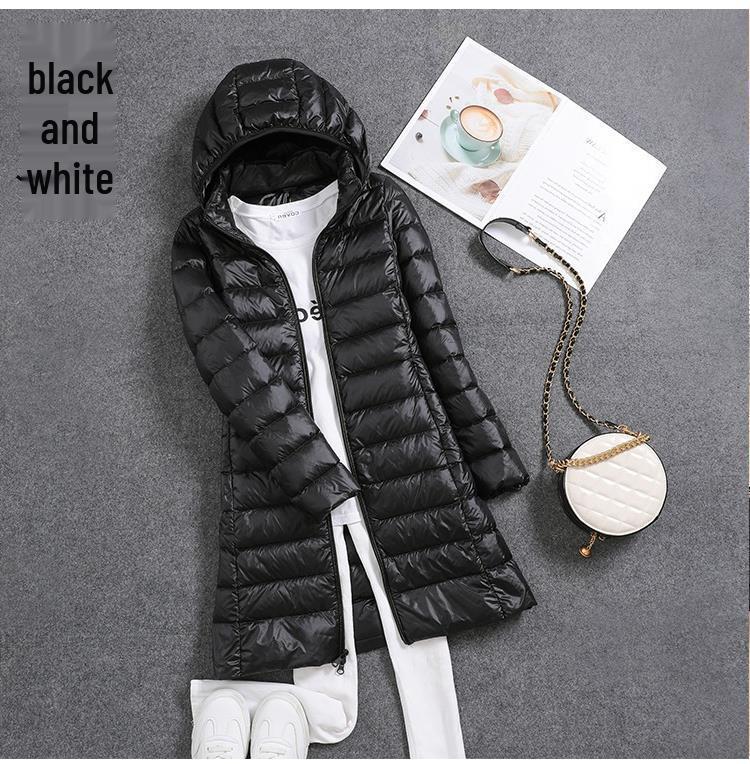 Women's Mid-Length Lightweight Down Jacket with Detachable Hood - 2024 Autumn/Winter Korean Style Plus Size Coat