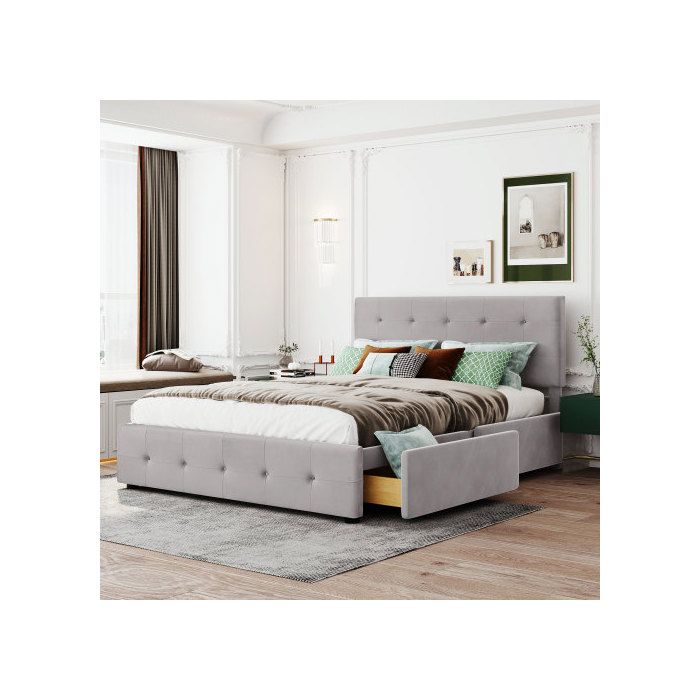 Lit Double 140x200 Cm - MUVOE - Velours Gris - 4 Tiroirs De Rangement - Structure En Métal - Installation Facile