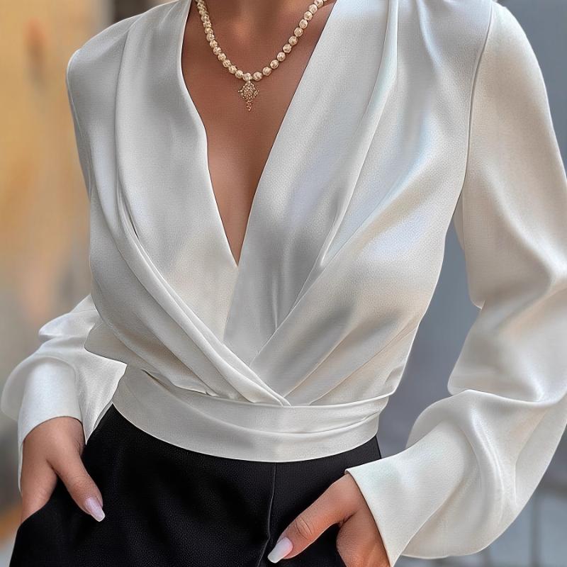 Women's New European American Elegant Satin Blouse Spring Autumn White V-neck Long Sleeve French Light Luxury Shirt