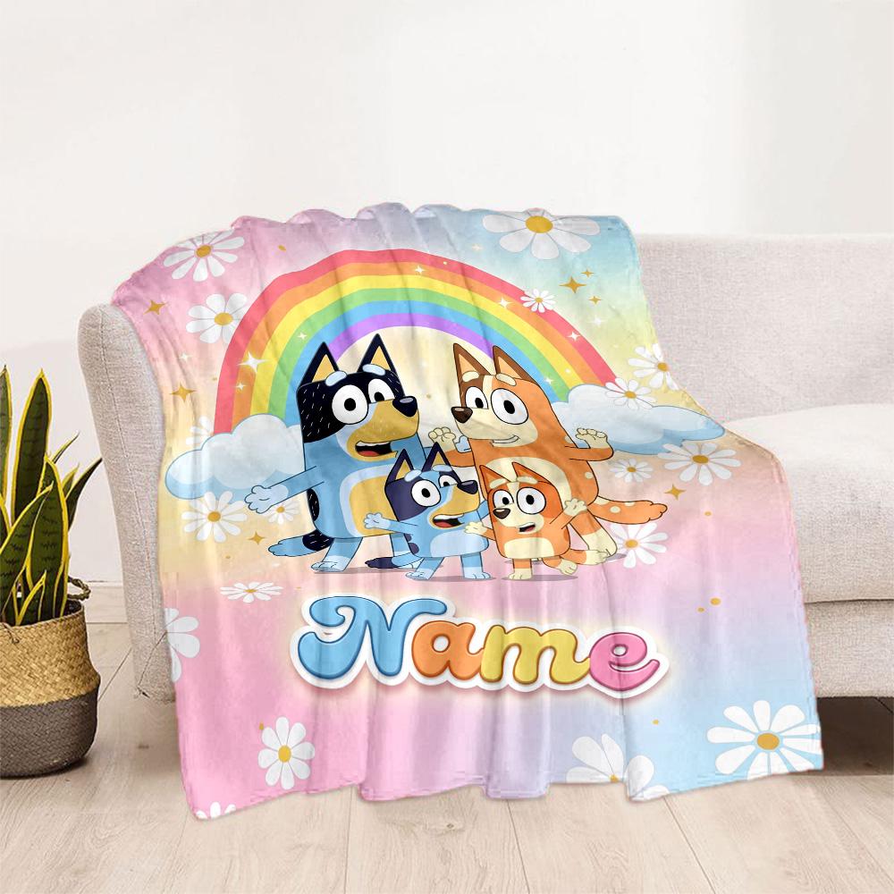 Bluey Family Adventure Customize Text Blanket Throw Customizable Blanket Soft Warm Cozy for Bed Office Bedding Seaside Ideal for All Seasons