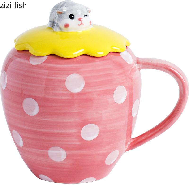 Creative Strawberry Shaped Ceramic Mug Cute Coffee Mug with Lid Afternoon Tea Milk Cup Juice Cup Beverage Cups Home Water Cup
