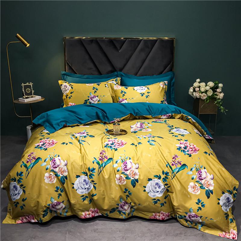 140TC Egyptian Coton Floral Bird Printing Beding Set, Soft Duvet Cover, Bed Shet, Pilowcases, American Style, High-End Premium 4Pcs