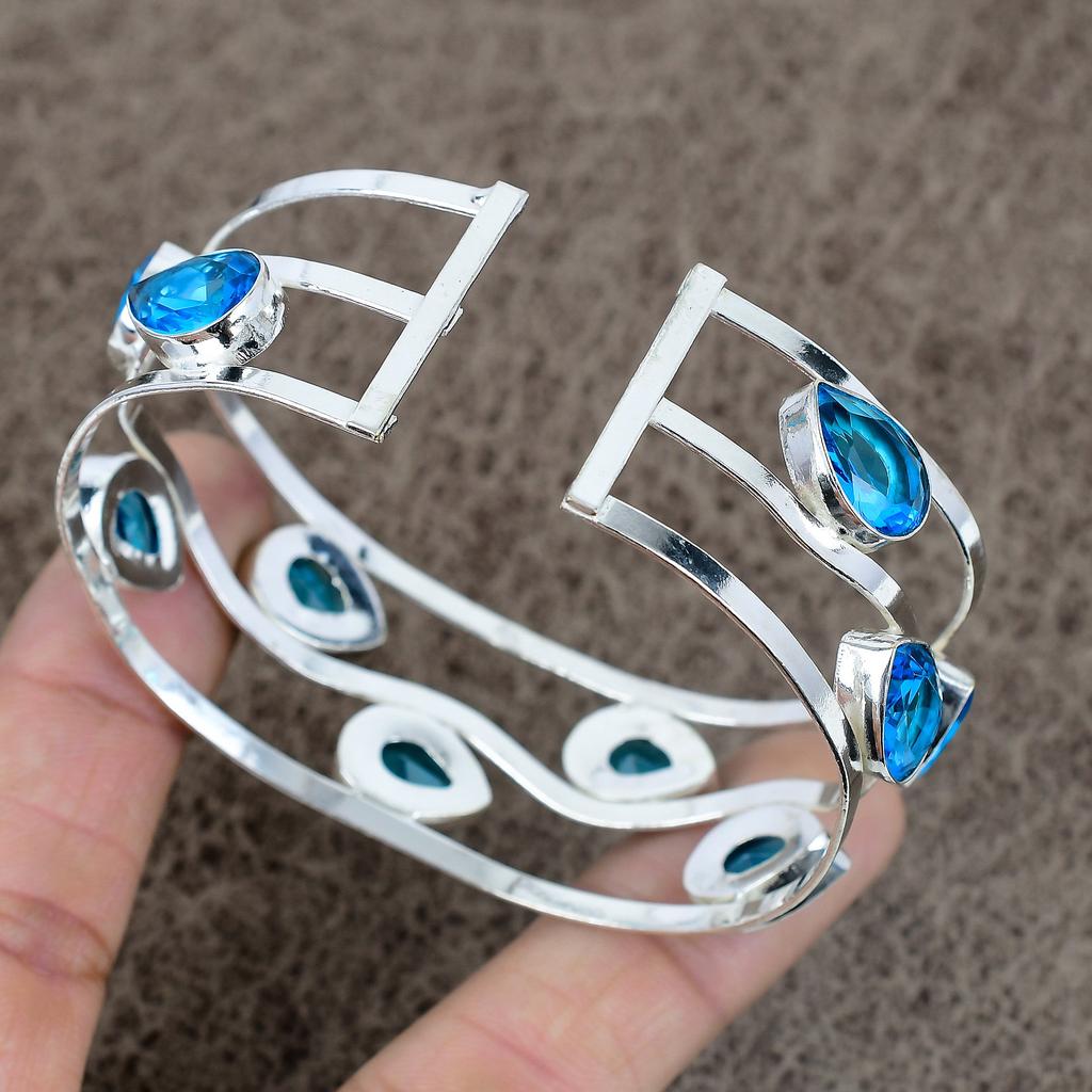 Swiss Blue Topaz Gemstone 925 Sterling Silver Cuff Bangle Adjustable KKG-201