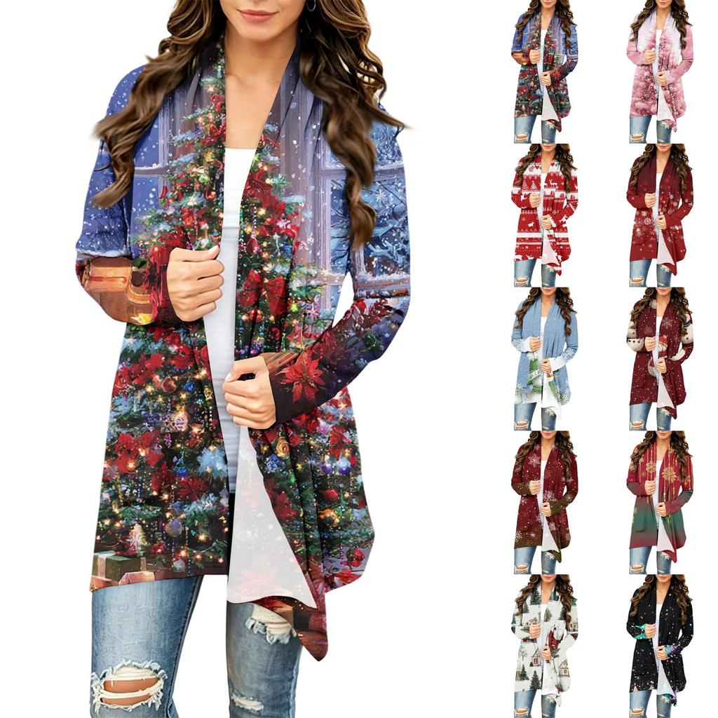Women's Casual Long Sleeve Cardigan with Christmas Print for Winter Holiday