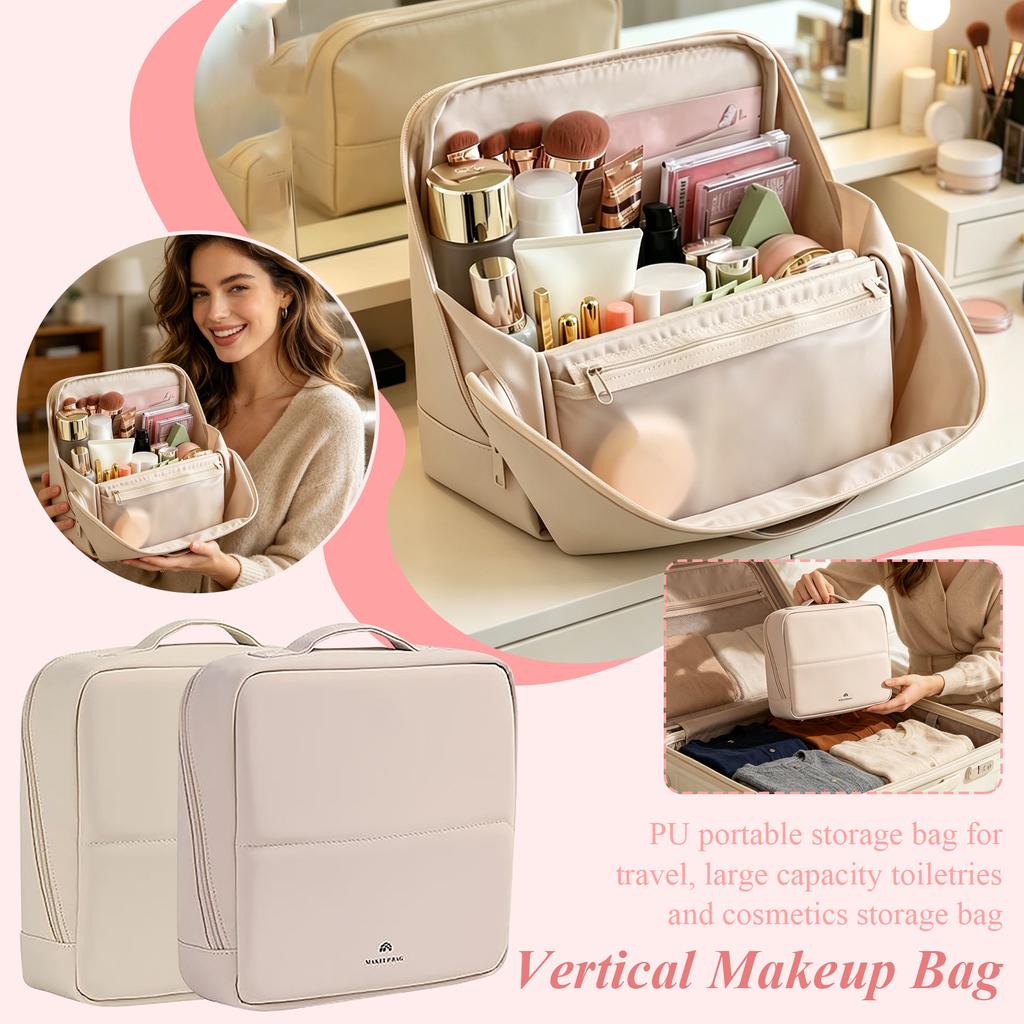 PU Leather Vertical Cosmetic Bag with Handle - Large Capacity Travel Toiletry Case