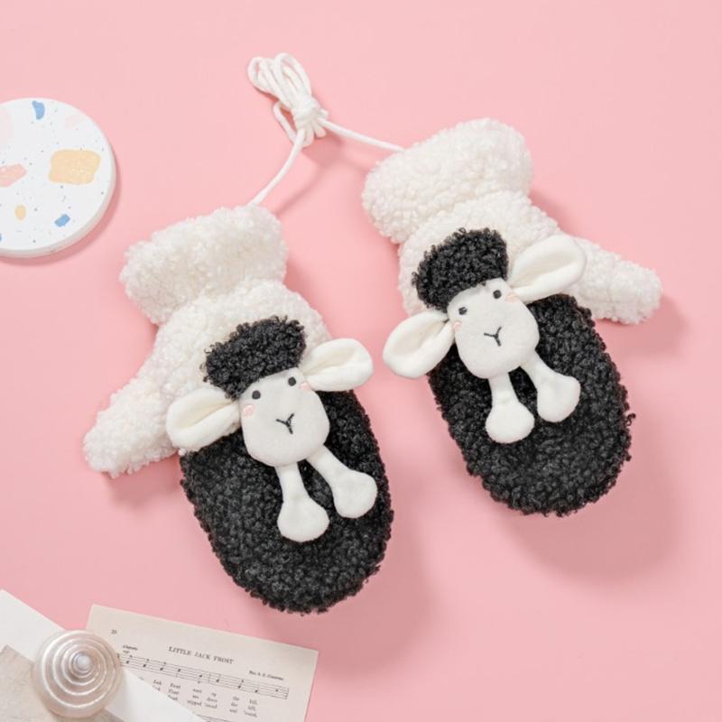 Fluffy Animal Mittens Plush Sheep Gloves with String Full Finger Mittens Winter Warm Mittens Cartoon Gloves for Women