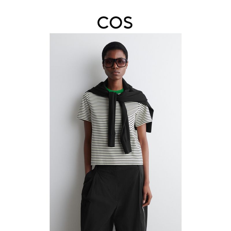 

Cos Women clothes Standard round Neck Short sleeve T-shirt 2025 Spring New 0960679132 Black/Green/Stripes 150/76A((XXS))