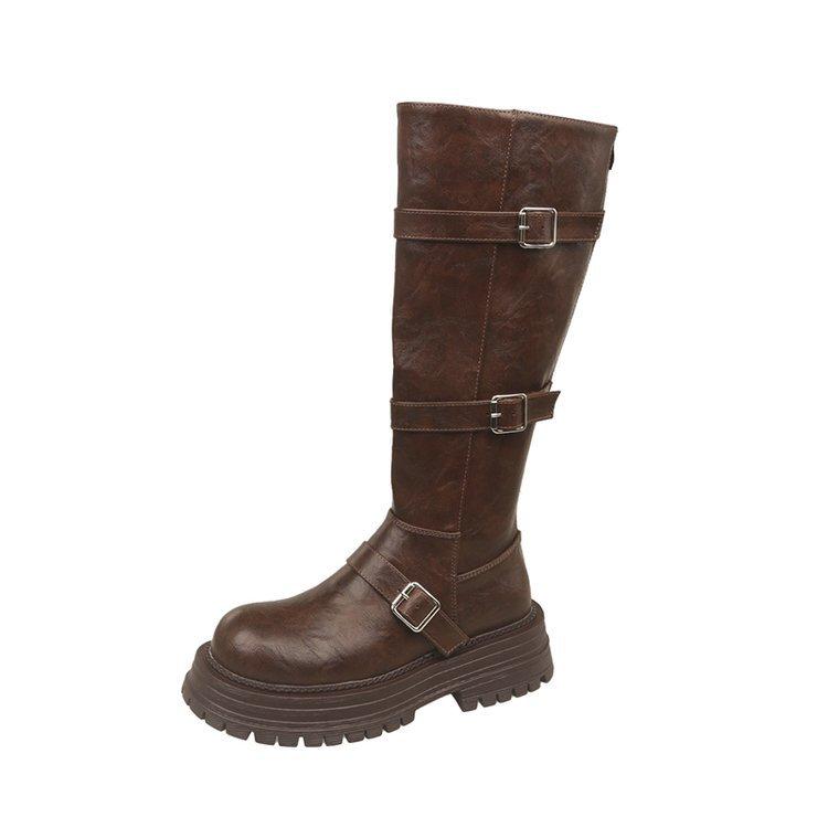 

Черные ретро ботинки на толстом каблуке и платформе в британском стиле женские 2025 осень и зима новые ботинки высокие и стройнящие ботфорты 40 коричневый