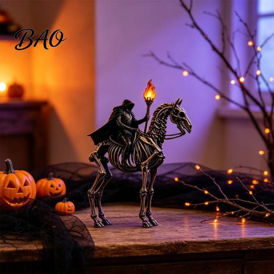 Collectible Gothic Art Gift Lighted Headless Horseman Resin Figurine, Halloween Statue with LED Warm Glow, Hooded Party Prop Rider on Skeleton