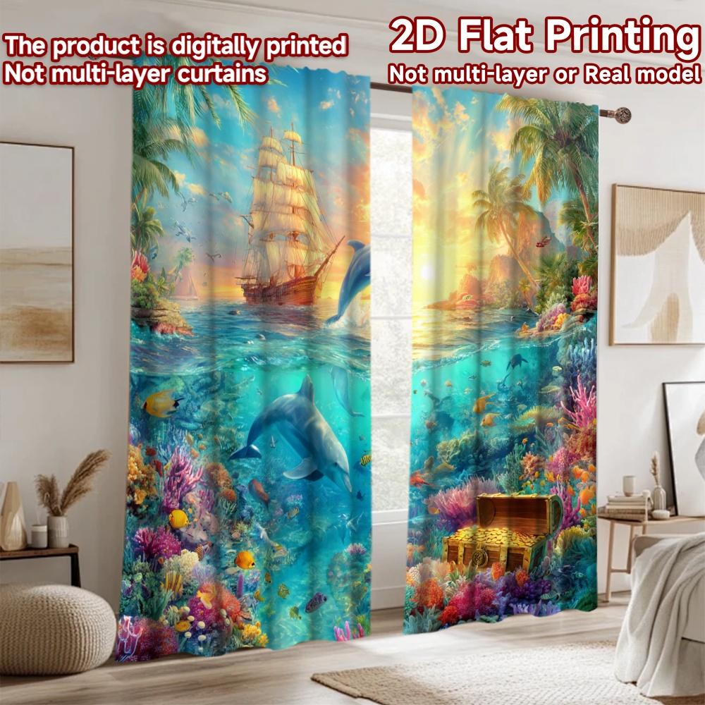 2D Flat Printing 2pcs Curtain Dolphins Jumping Ship Coral Digital Printed Polyester Drapes Party Decorations Use for Holiday