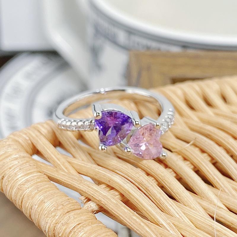 Sweet Full Diamond Pink Love Zir*****Pen Ring Color Treasure Niche Light Luxury High Sense Stacking Wearing Personalized Ring Woman