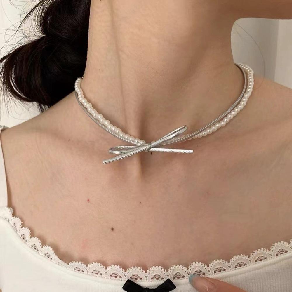 Y2k Cyberpunk Silver Color Leather Bowknot Choker Imitation Pearls Beading Double-layer Collar Necklace for Women Jewelry Gifts