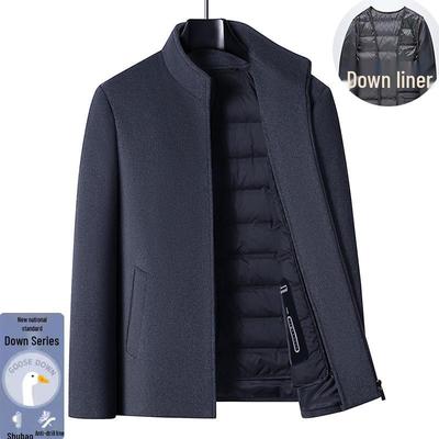 Middle-Aged Men's Stand Collar Wool Coat with Detachable Down Liner for Winter