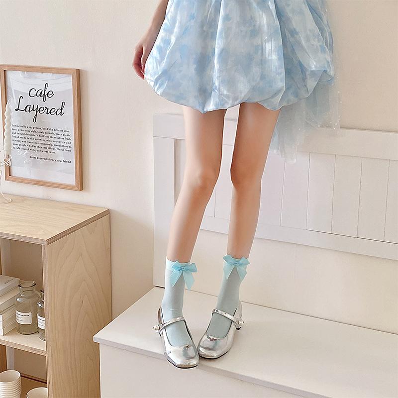Bow Socks Spring/Summer Thin Mid-calf Socks Velvet Ice Silk Candy-colored Dui Dui Lolita Thigh-high Socks