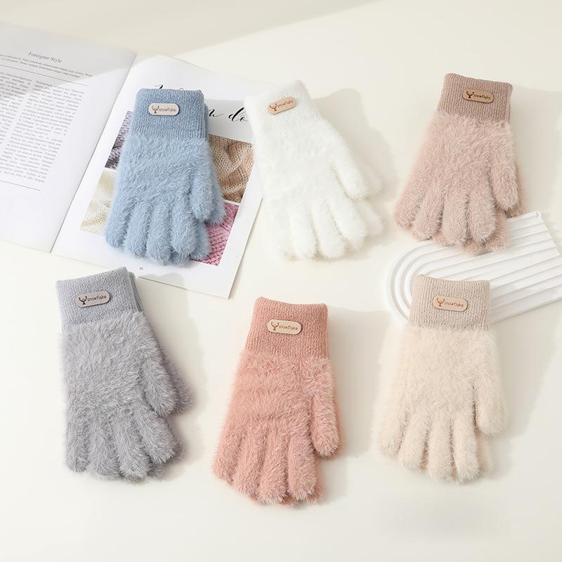 Hairy gloves female winter cute color matching plush knitted wool five fingers plush thickened cycling warm