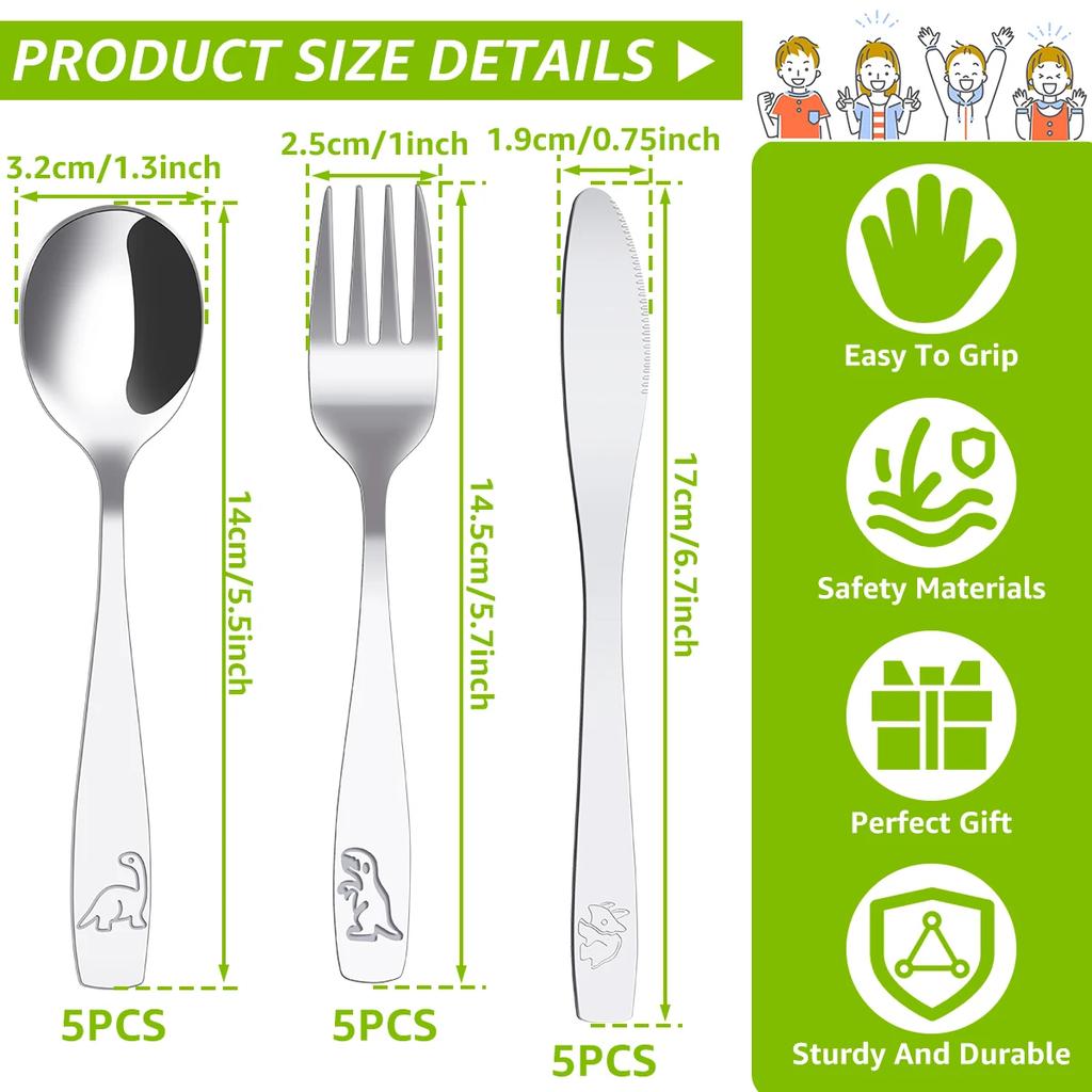 15Pcs Kids Silverware Set 410 Stainless Steel Kids Fork Spoon and Cutter Set Ergonomic Smooth Toddler Utensils for Children