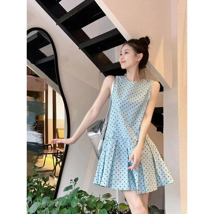 Large size fat mm French sweet sleeveless polka dot dress women's summer vacation style thin waist vest short skirt