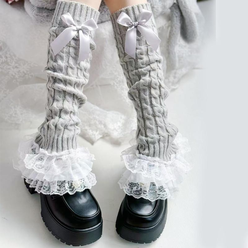 Cable Knit Leg Warmers Boot Cuffs with Bowknot Decorated Sweet Tiered Ruffled Lace Trim Leg Covers Calf Socks for Women