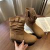 [Fanfna] Retro Versatile Thin Boots Korean Version Round Head Flat Bottom Short Boots Women's Fashion Pleated Stacking Boots