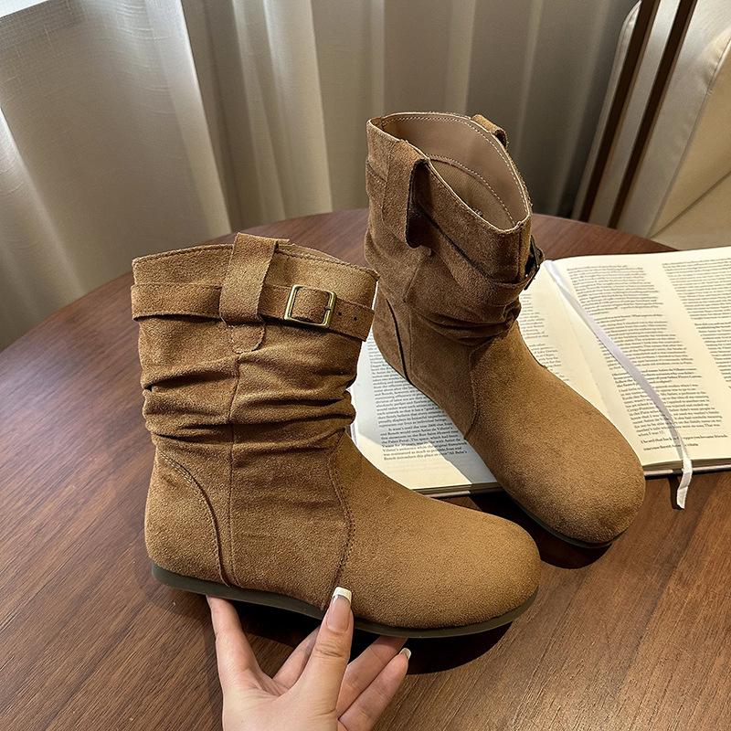 [Fanfna] Retro Versatile Thin Boots Korean Version Round Head Flat Bottom Short Boots Women's Fashion Pleated Stacking Boots