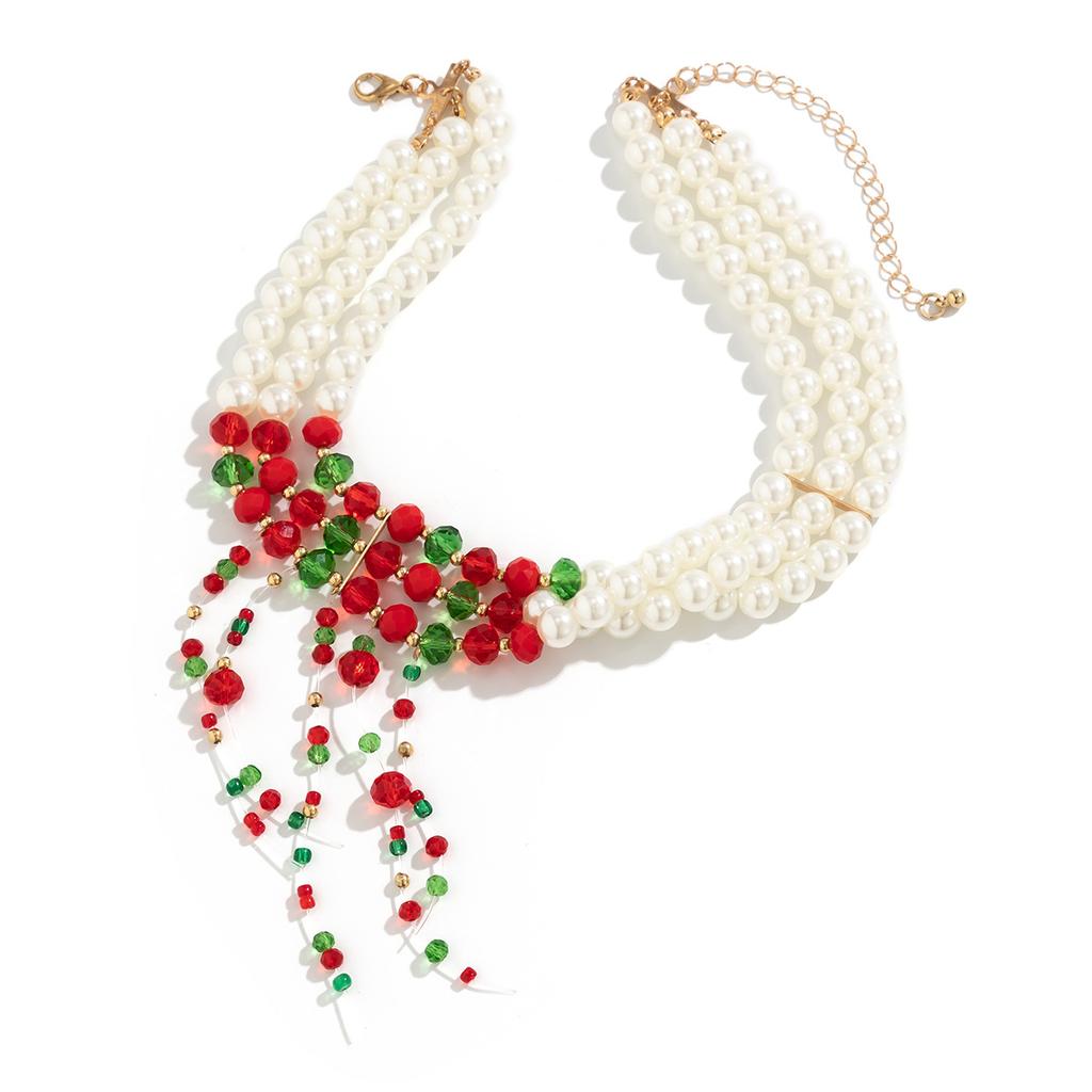 Christmas Necklace Personalized Round Beads Multi-Layer Choker Retro Gothic Fringed Imitation Pearl Collar