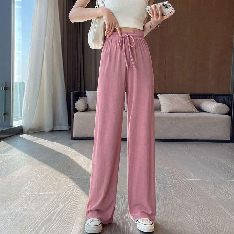 

Женские летние плиссированные брюки с широкими штанинами из ледяного шелка - Тонкие драпированные свободные прямые брюки с высокой посадкой больших размеров для повседневной носки M