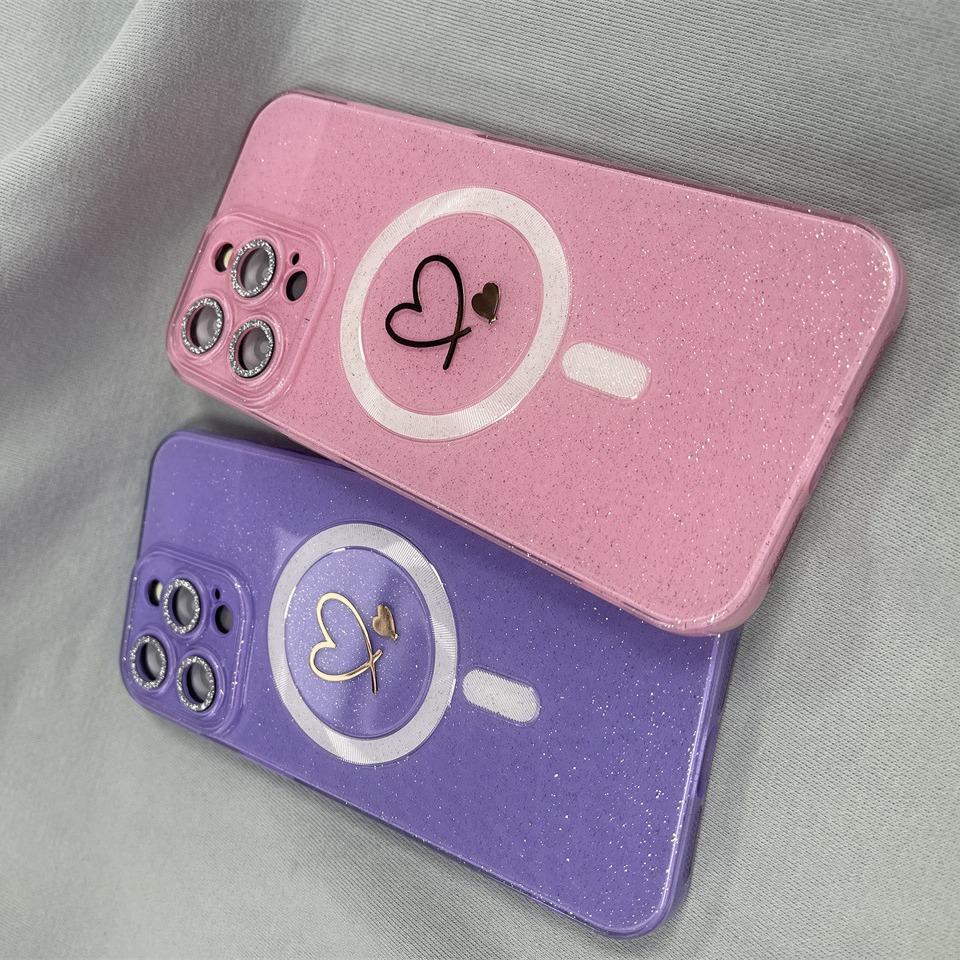 Foreign Trade Love Flash Crystal Magnetic Mobile Phone Case Is Suitable for Apple 15PROMAX Trend 14 Lens Film 13PRO
