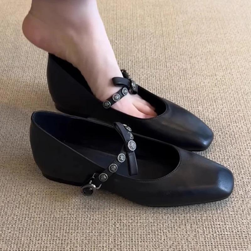 Fashion Vintage Metal Decoration Mary Jane Flats Women Bowknot Square Toe Dress Pumps Elegant Office Brand Designer Shoes Sandals