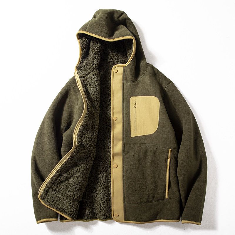 Fleece Jacket for Men, Autumn and Winter 2024 New Style, Contrasting Color Stitching, Casual Hooded Cotton Coat, Fleece-Lined, Thickened, Warm Jacket