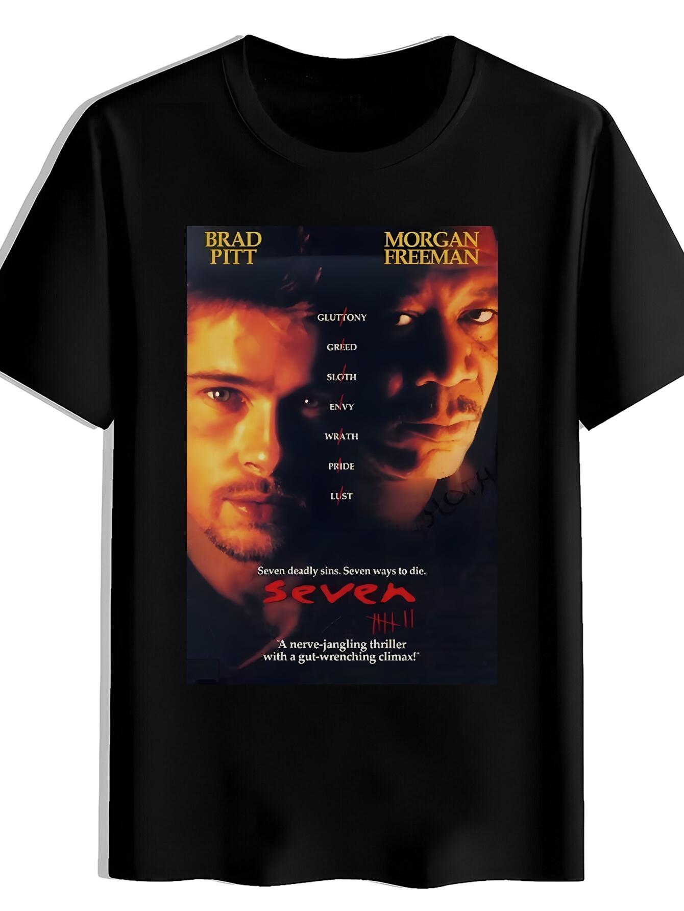 T-shirt Movie Graphic - Brad Pitt & Freeman Seven Film Design with Seven Characters & Clueless Quotes - Casual Round Neck Short Sleeve Tee for XL