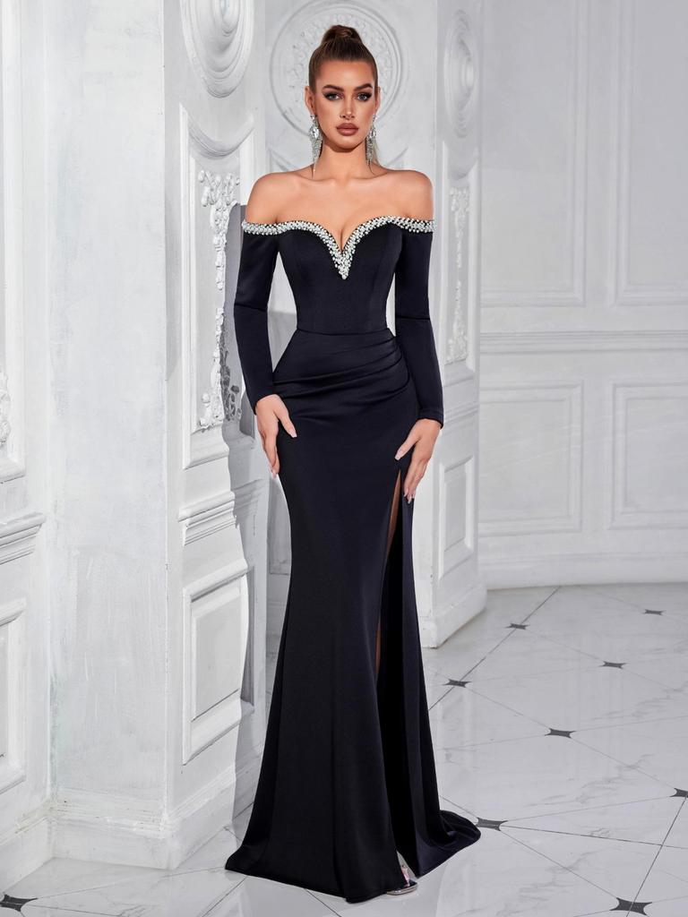 Elegant Long-Sleeve Strapless Evening Dress with Heavy Beading